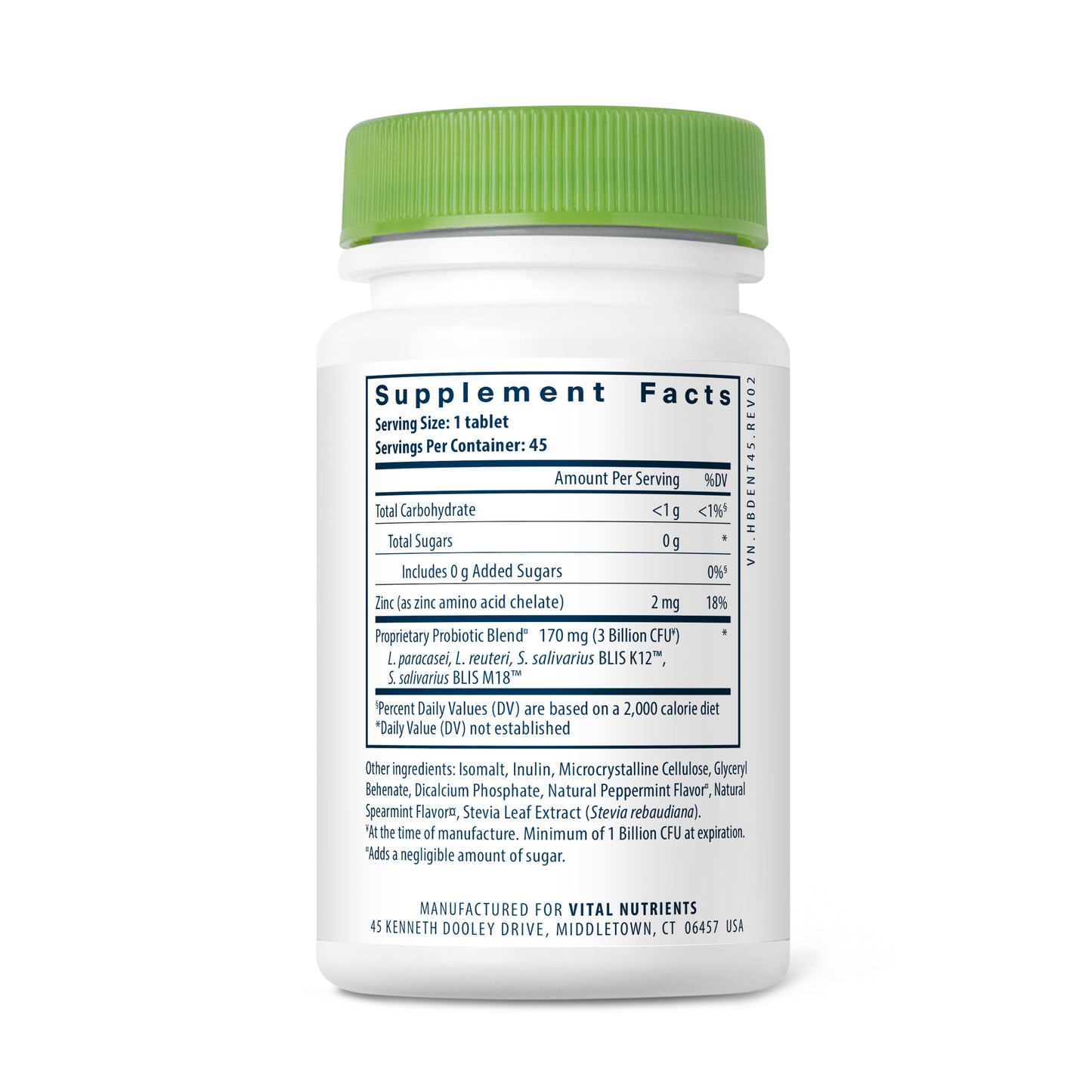 Hyperbiotics Pro-Dental Probiotic 45 chewable tablets serving size and ingredients.
