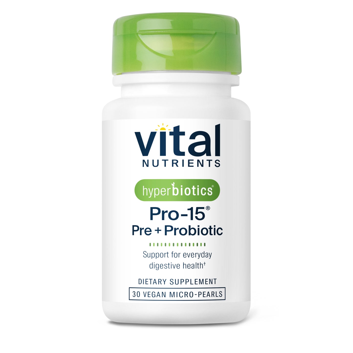 Hyperbiotics Pro-15 Pre+Probiotic 30 vegan micro-pearls.