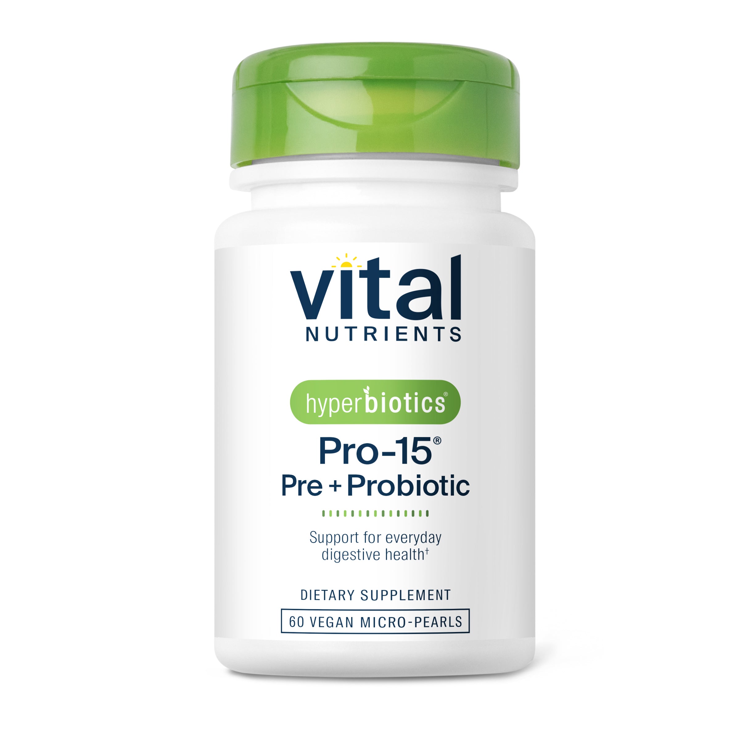 Hyperbiotics Pro-15 Pre+Probiotic 60 vegan micro-pearls.