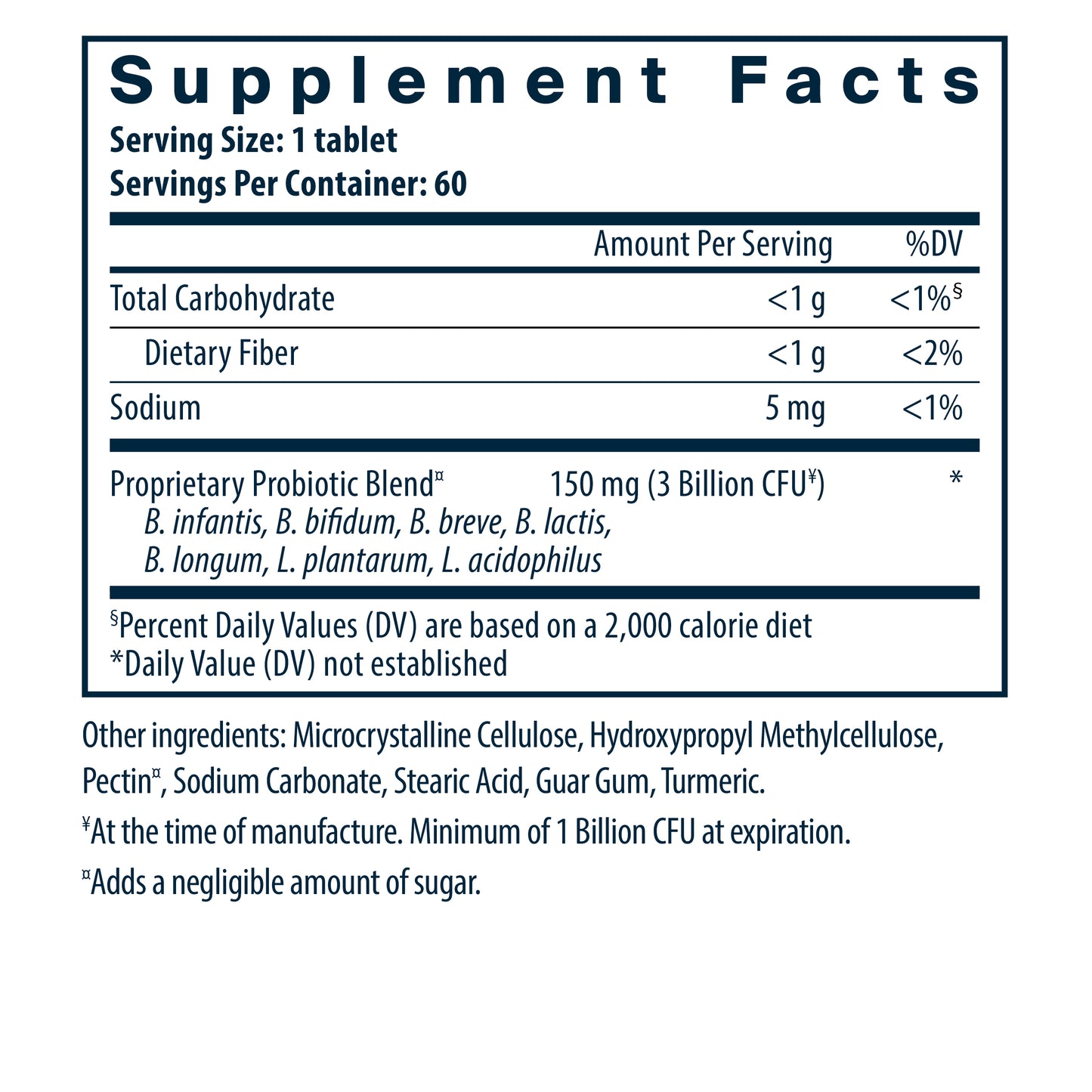 Bifidobacterium Probiotic supplement facts.