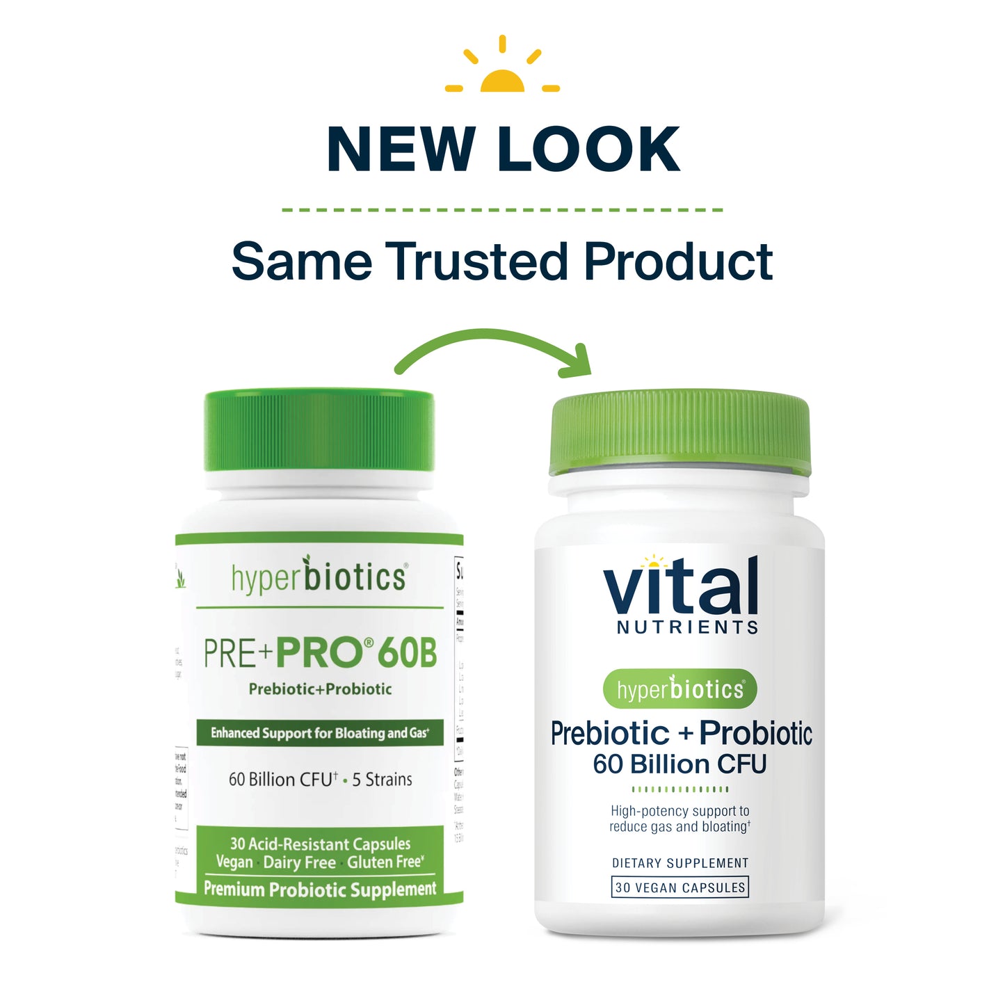 Hyperbiotics Prebiotic + Probiotic 60 Billion CFU 30 vegan capsules new look, same trusted product.