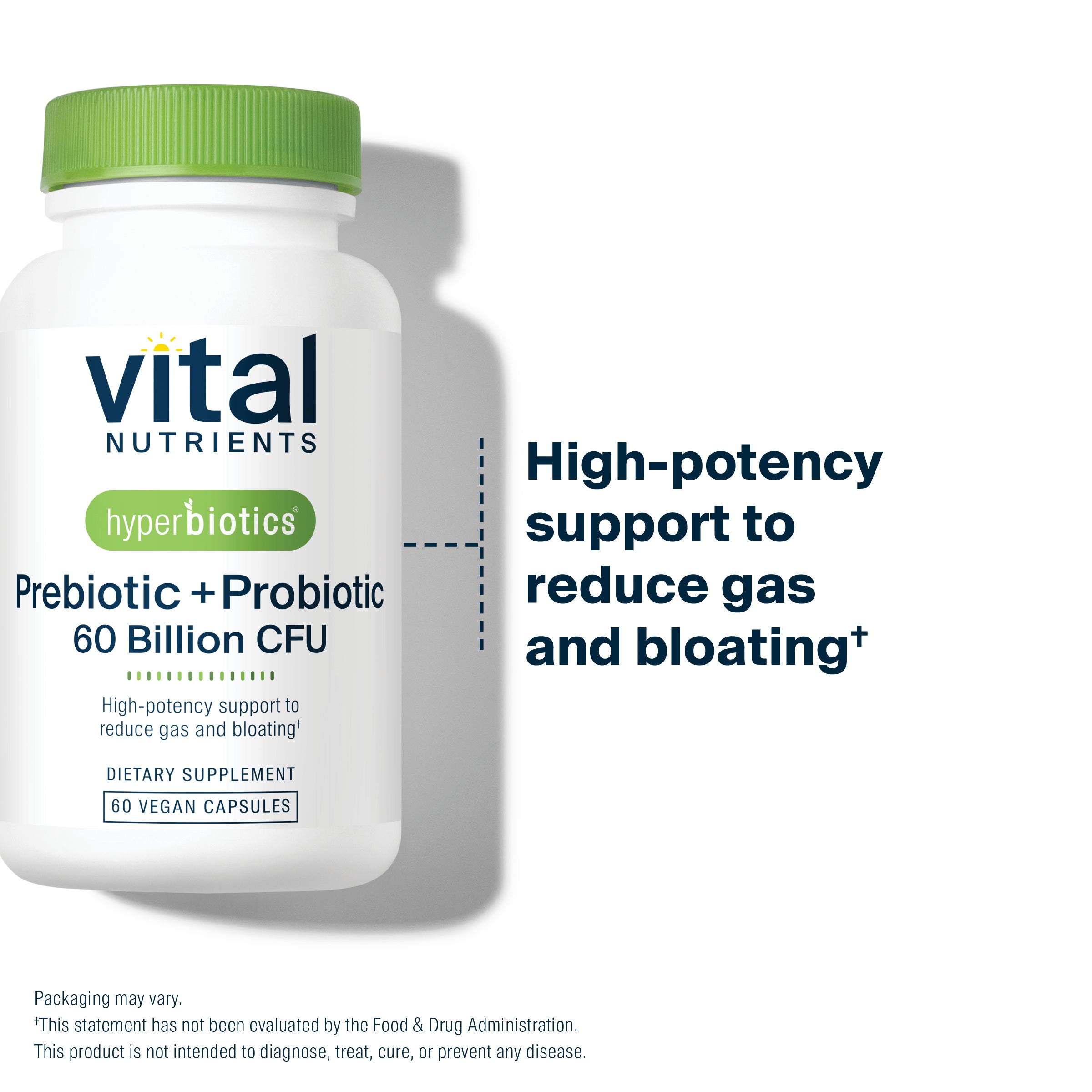 Hyperbiotics Prebiotic + Probiotic 60 Billion CFU 60 vegan capsules high-potency support to reduce gas and bloating.