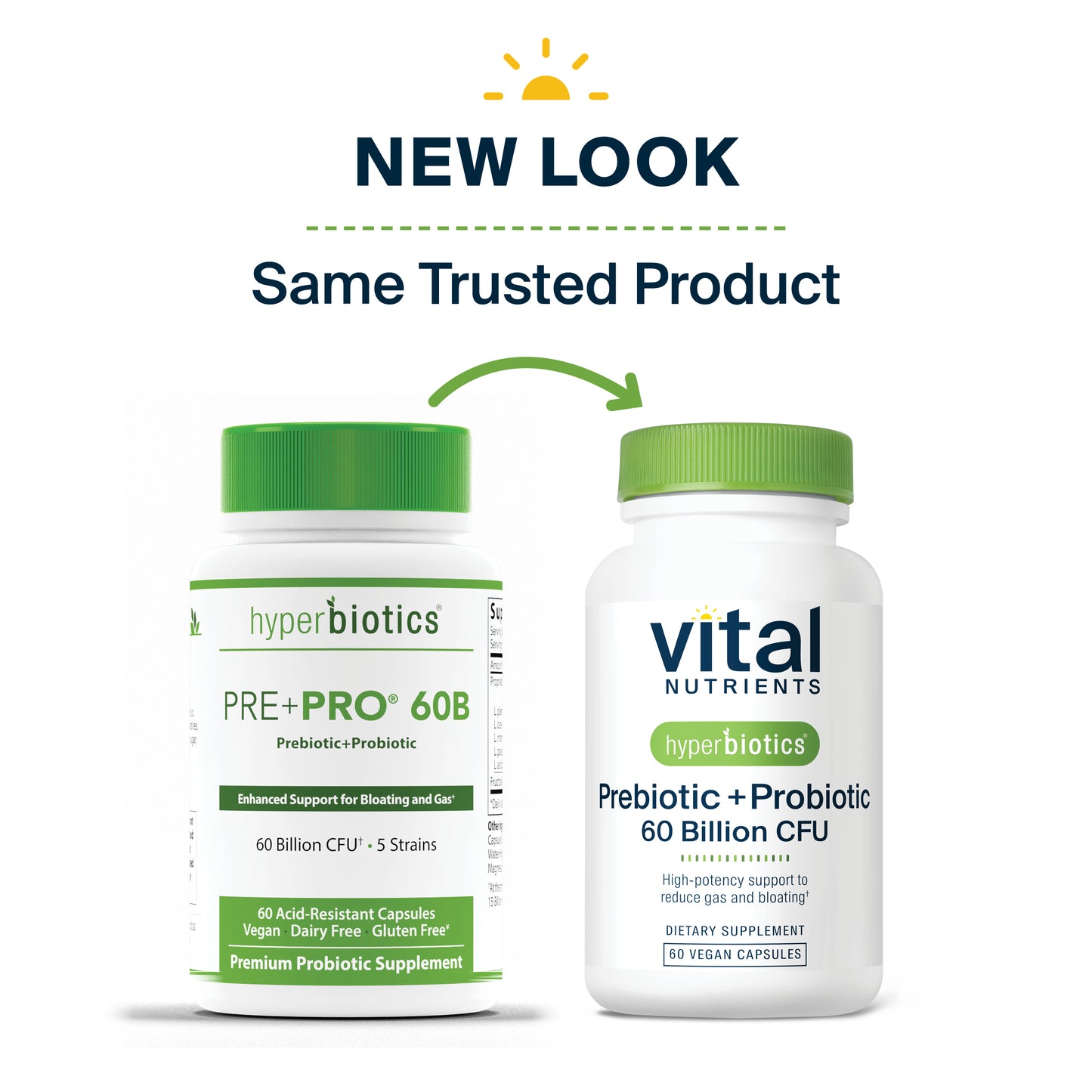 Hyperbiotics Prebiotic + Probiotic 60 Billion CFU 60 vegan capsules new look, same trusted product.