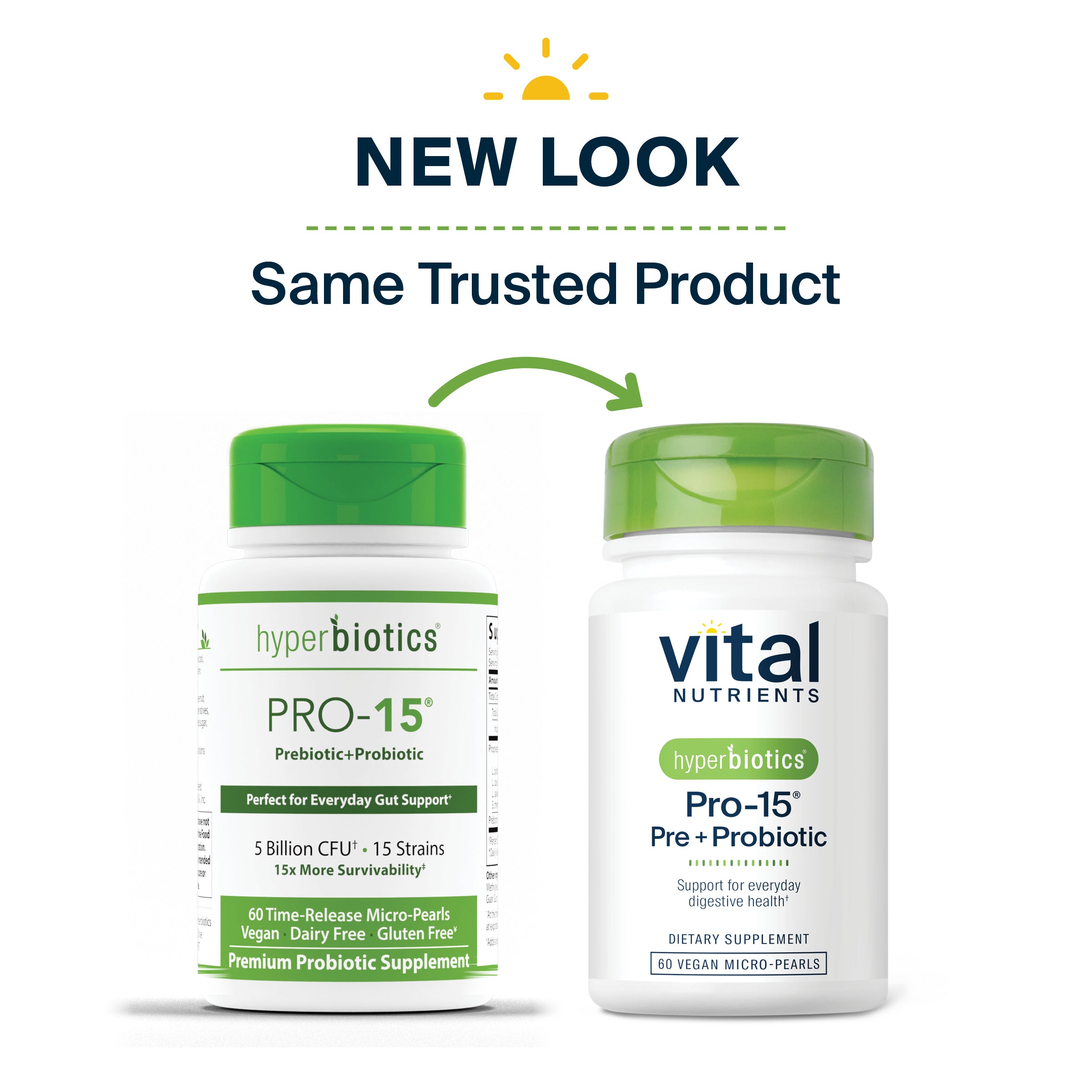 Hyperbiotics Pro-15 Pre+Probiotic 60 vegan micro-pearls new look, same trusted product.