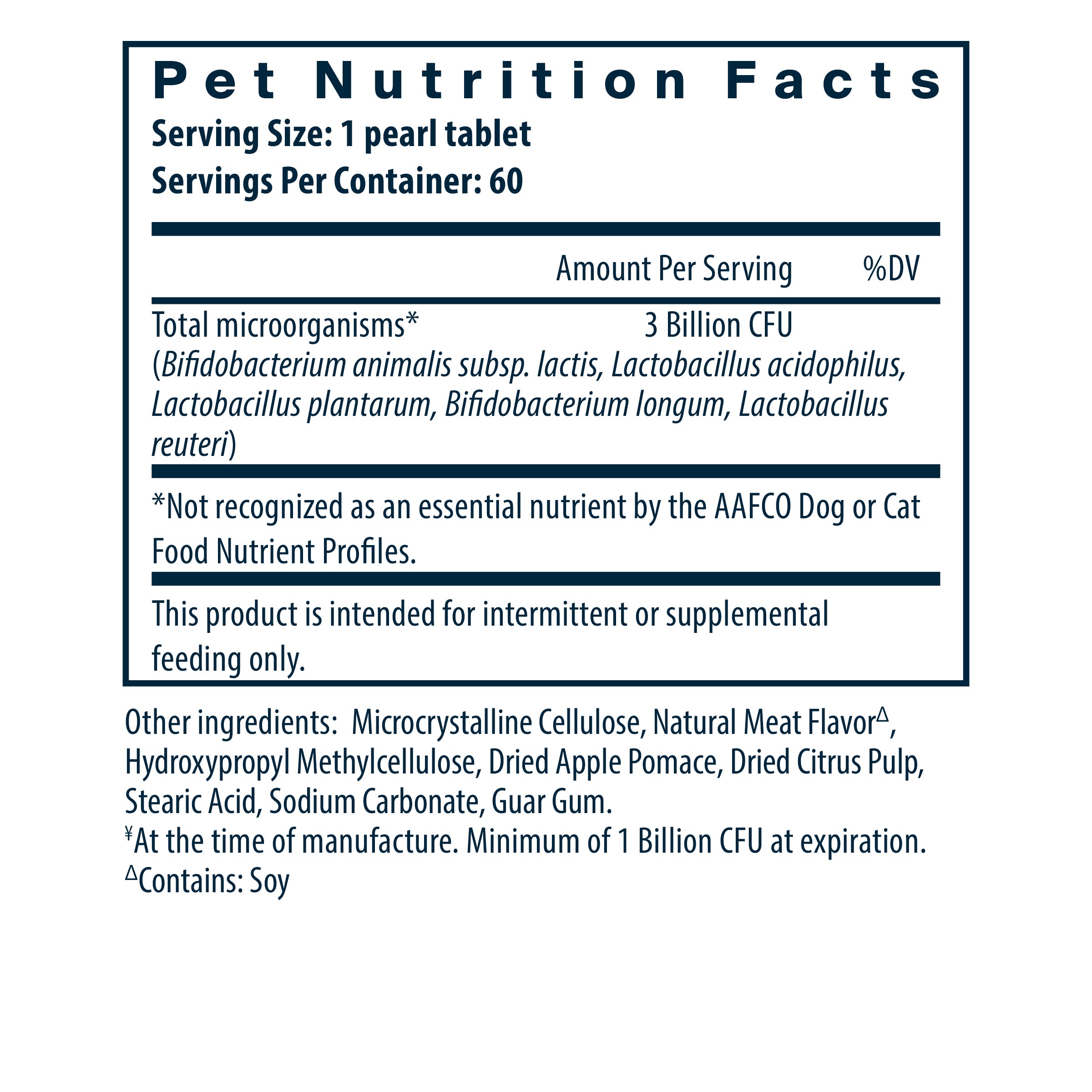 Hyperbiotics Pro-Pets Probiotic supplement facts.