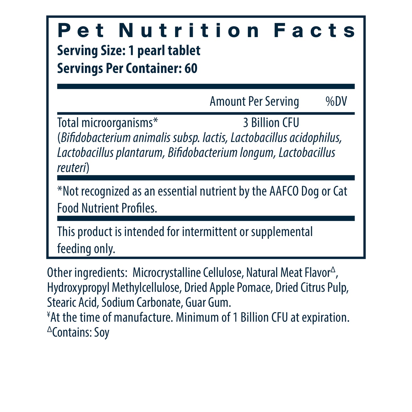 Hyperbiotics Pro-Pets Probiotic supplement facts.